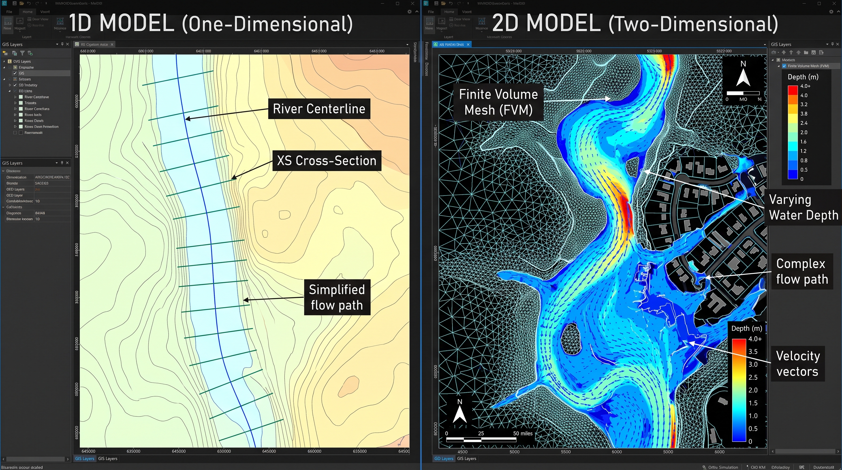 Modelación 1D vs 2D en Malla de Volúmenes Finitos