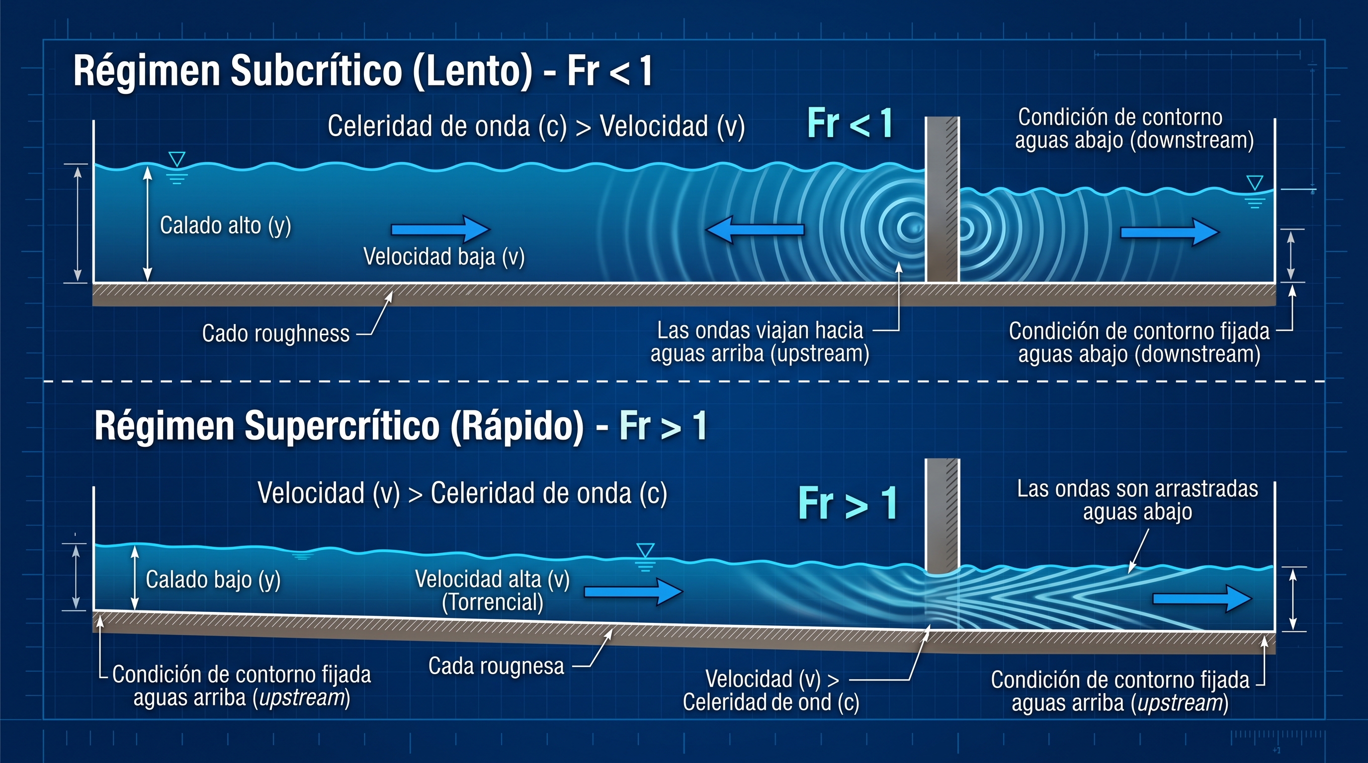 Número de Froude y Física del Régimen Subcrítico vs Supercrítico